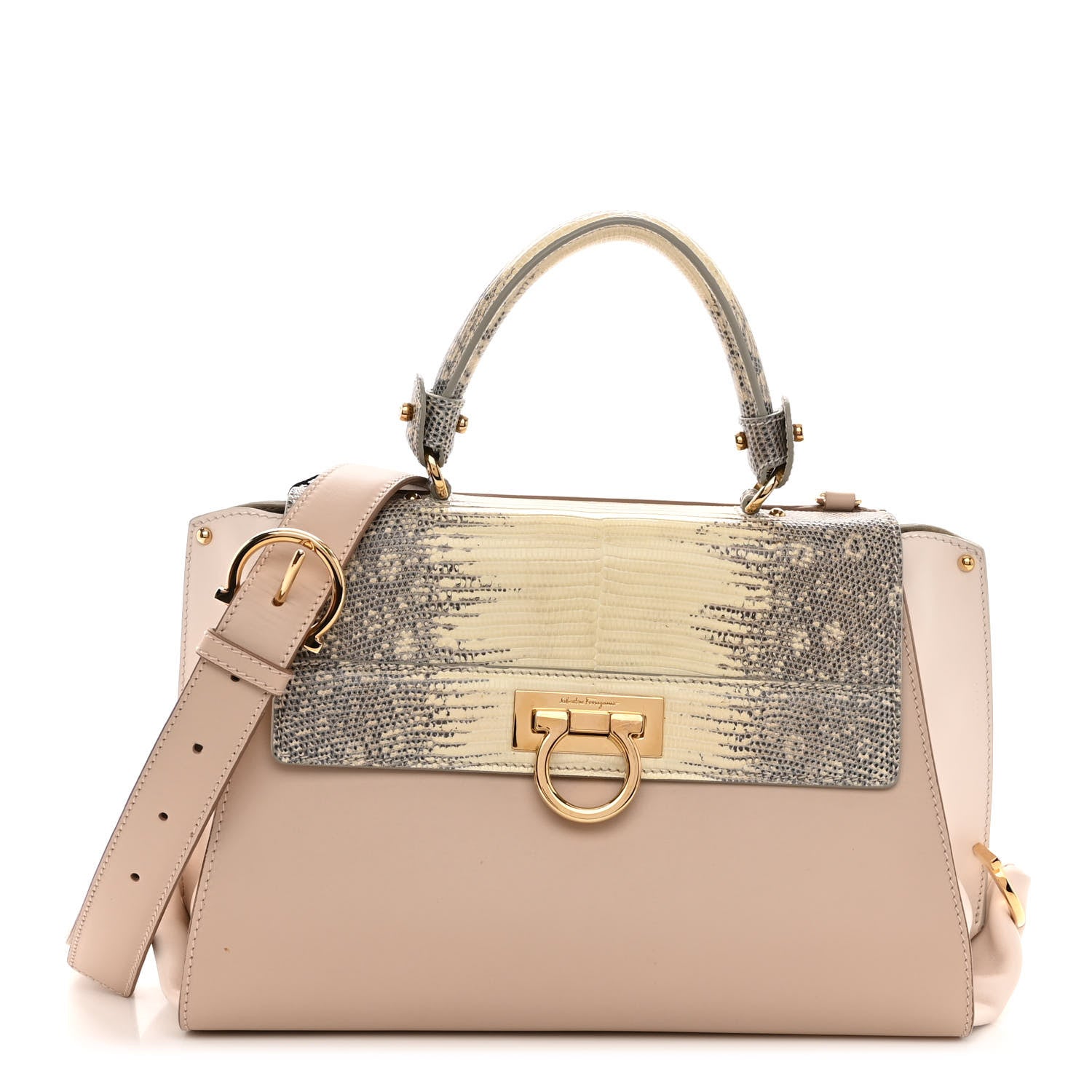 Salvatore Ferragamo Calfskin Lizard Sofia Shoulder Bag Beige 1 of 10