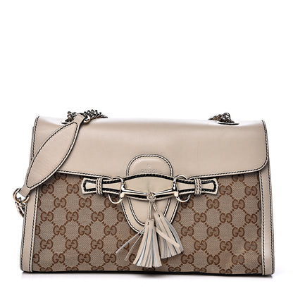 Gucci Monogram Margaux Calfskin Medium Emily Chain Shoulder Bag Beige Ebony Mystic White 1 of 15