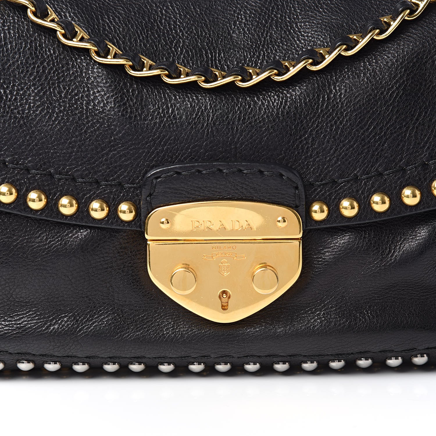 Prada Glace Calf Studded Pushlock Chain Shoulder Bag Black 10 of 10