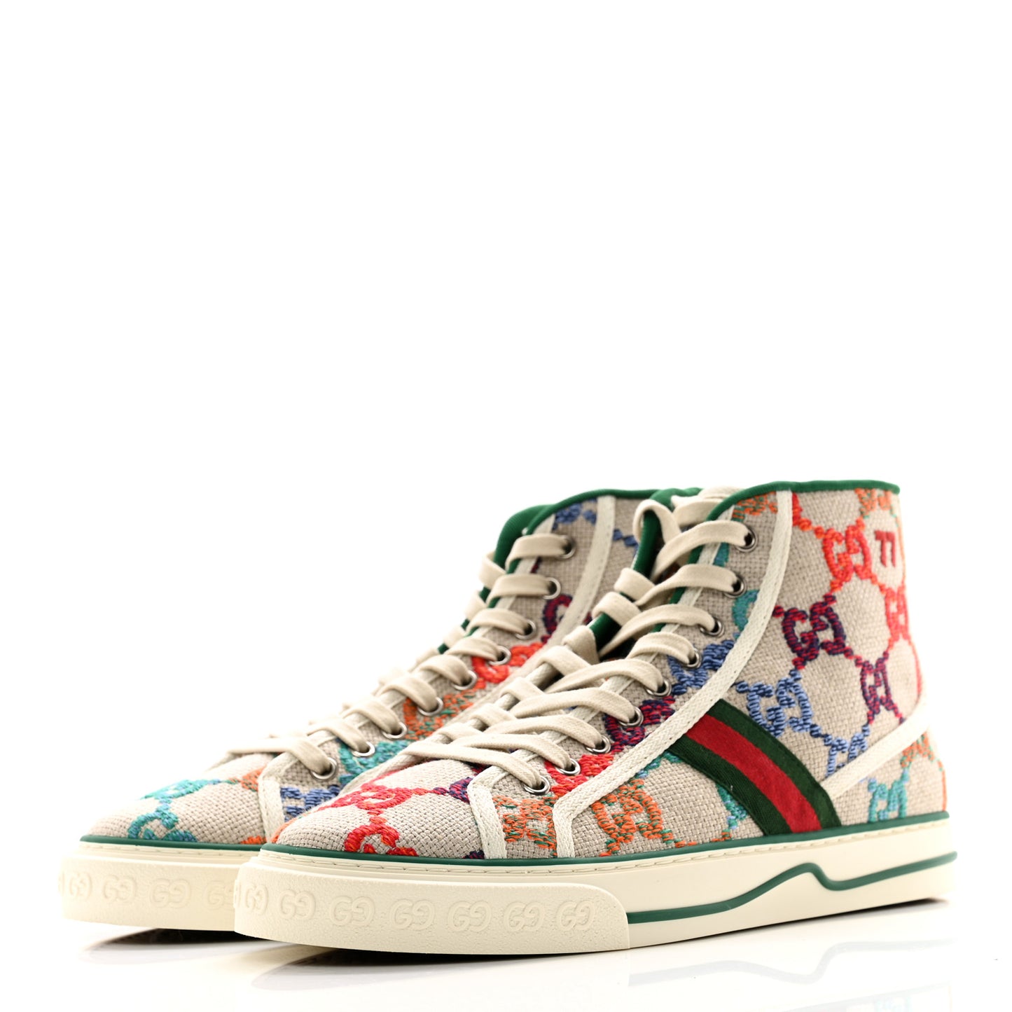 Linen Psychedelic Mini GG Monogram Mens 1977 Tennis High Top Sneakers 8 Multicolor Mystic White
