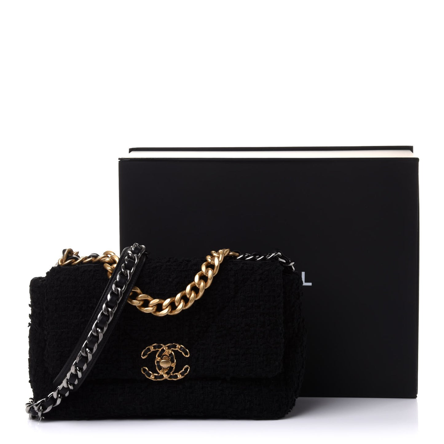 Tweed Quilted Medium Chanel 19 Flap Black