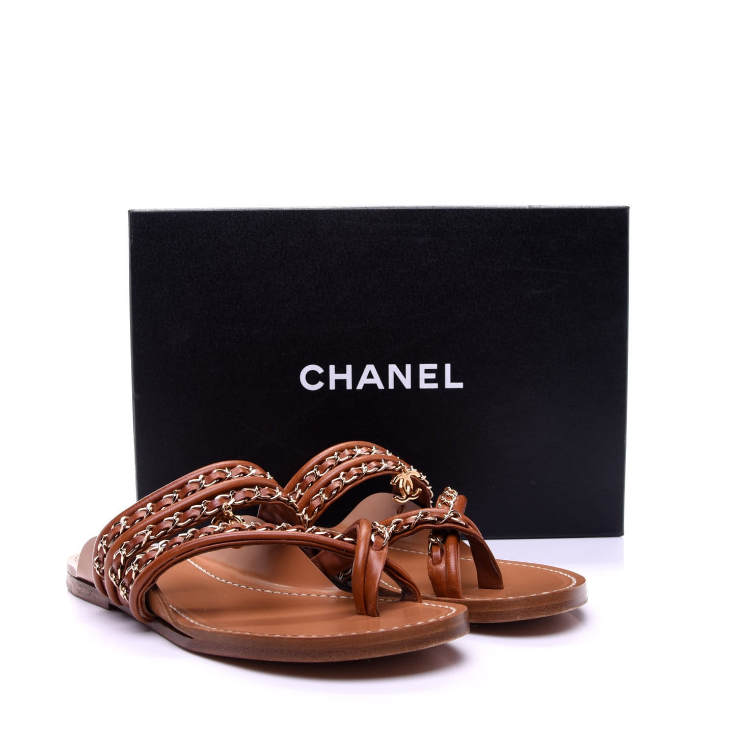 Calfskin Chain CC Thong Flat Sandals 36 Beige