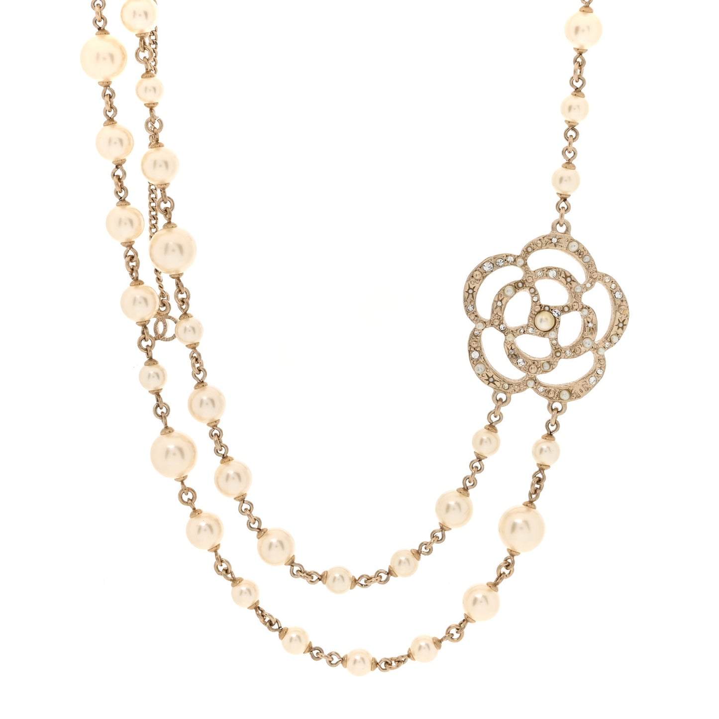 Crystal Pearl CC Camellia Necklace Gold