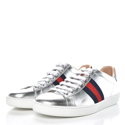 Gucci Ayers Calfskin Womens New Ace Sneaker 37.5 Silver 3 of 10