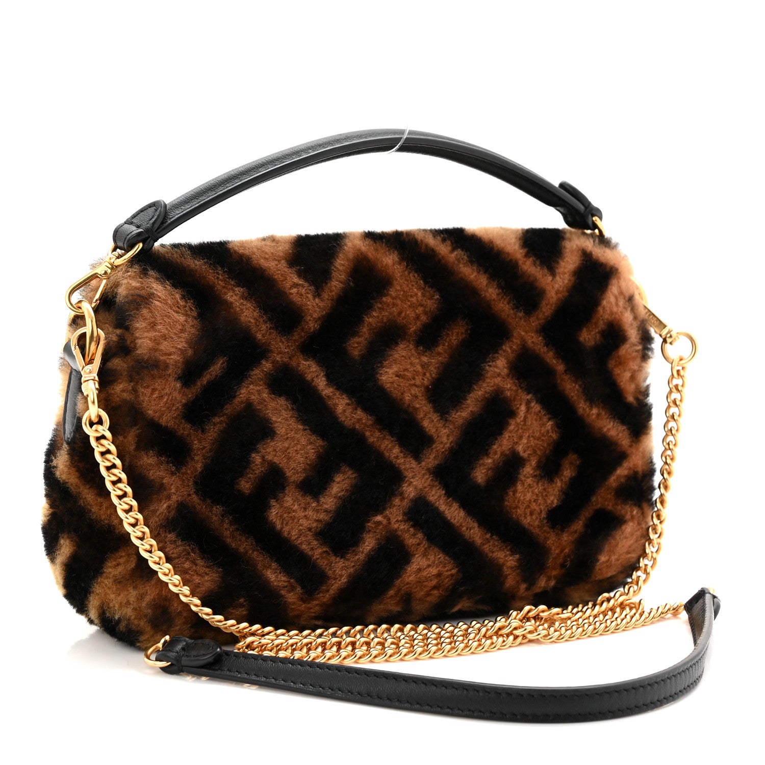 Fendi Shearling Vitello Dolce Macro FF 1974 Mini Baguette Tobacco Black 3 of 10