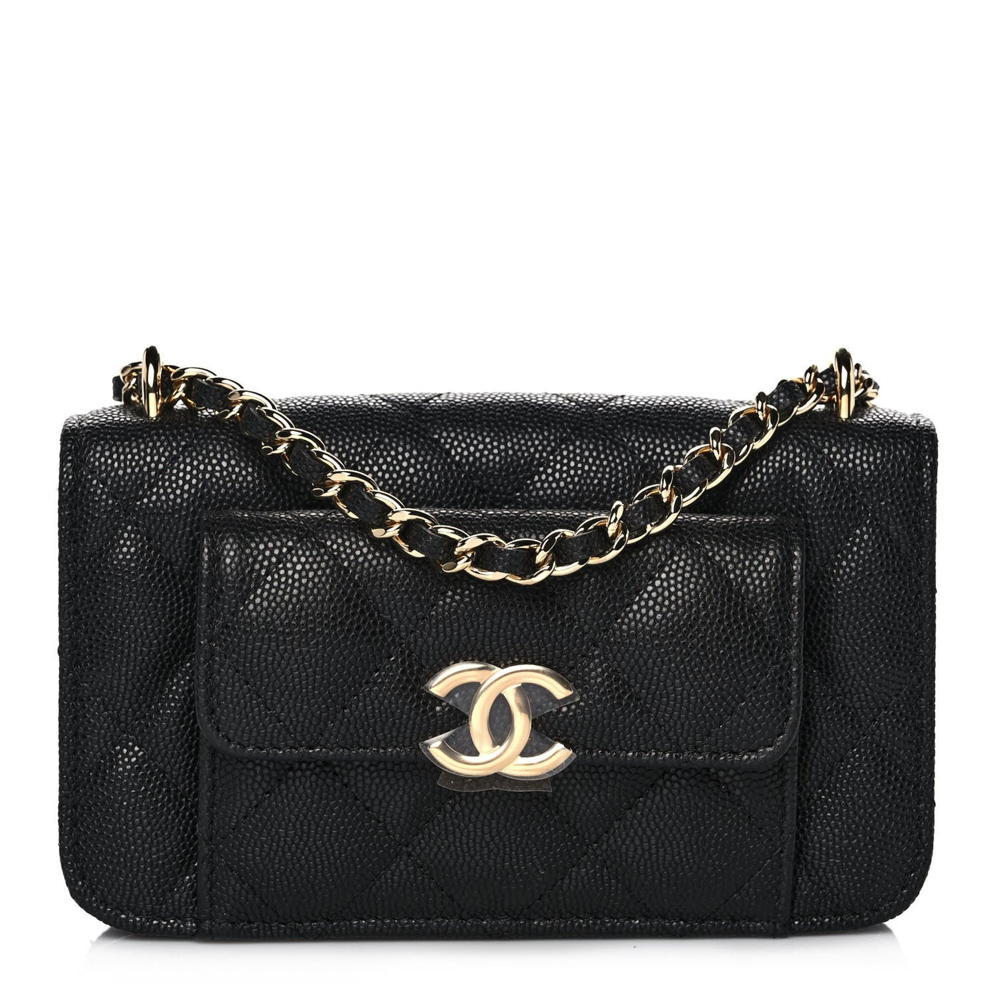 Caviar Quilted Pocket Twins Clutch With Chain Black