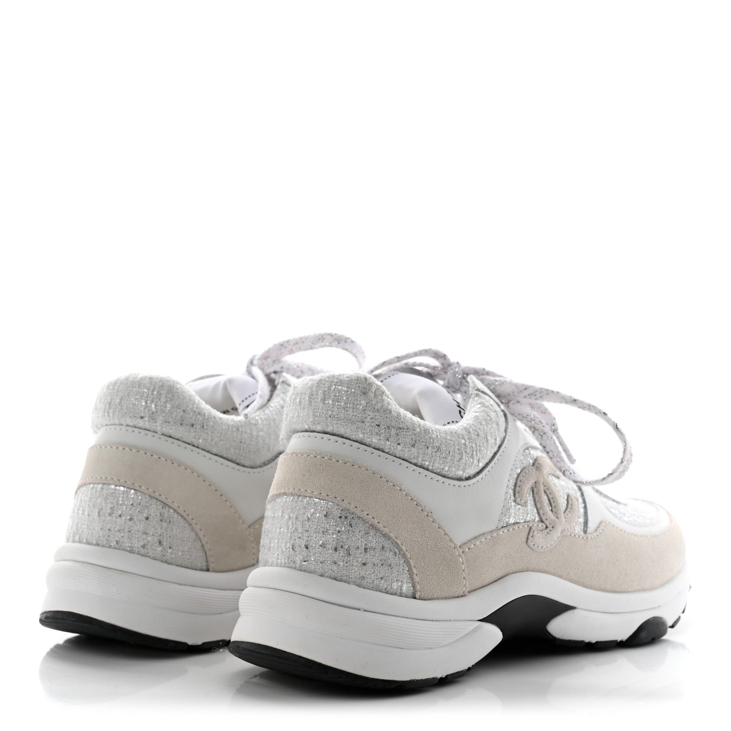 Chanel Painted Iridescent Cotton Tweed Suede Womens CC Sneakers 37 White Silver Multicolor 4 of 11