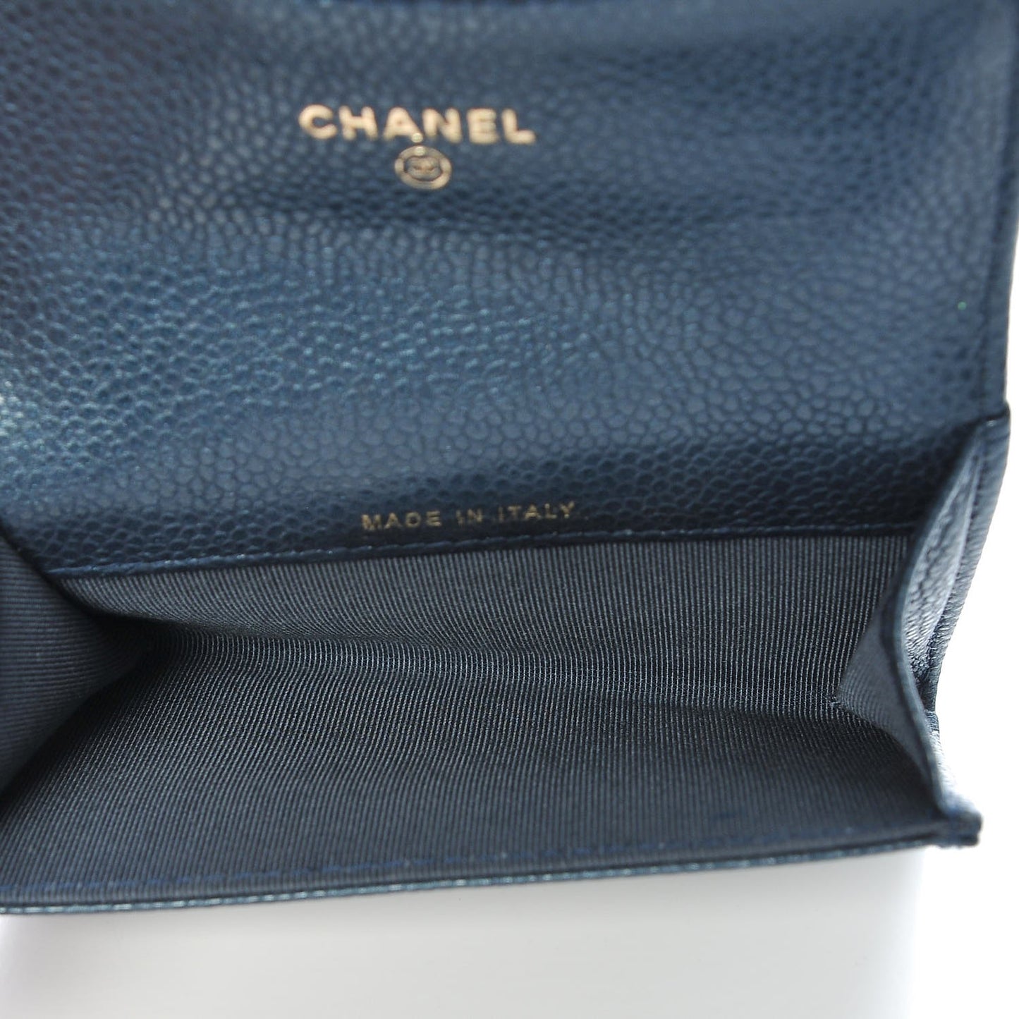 Iridescent Caviar Quilted Flap Card Holder Dark Blue