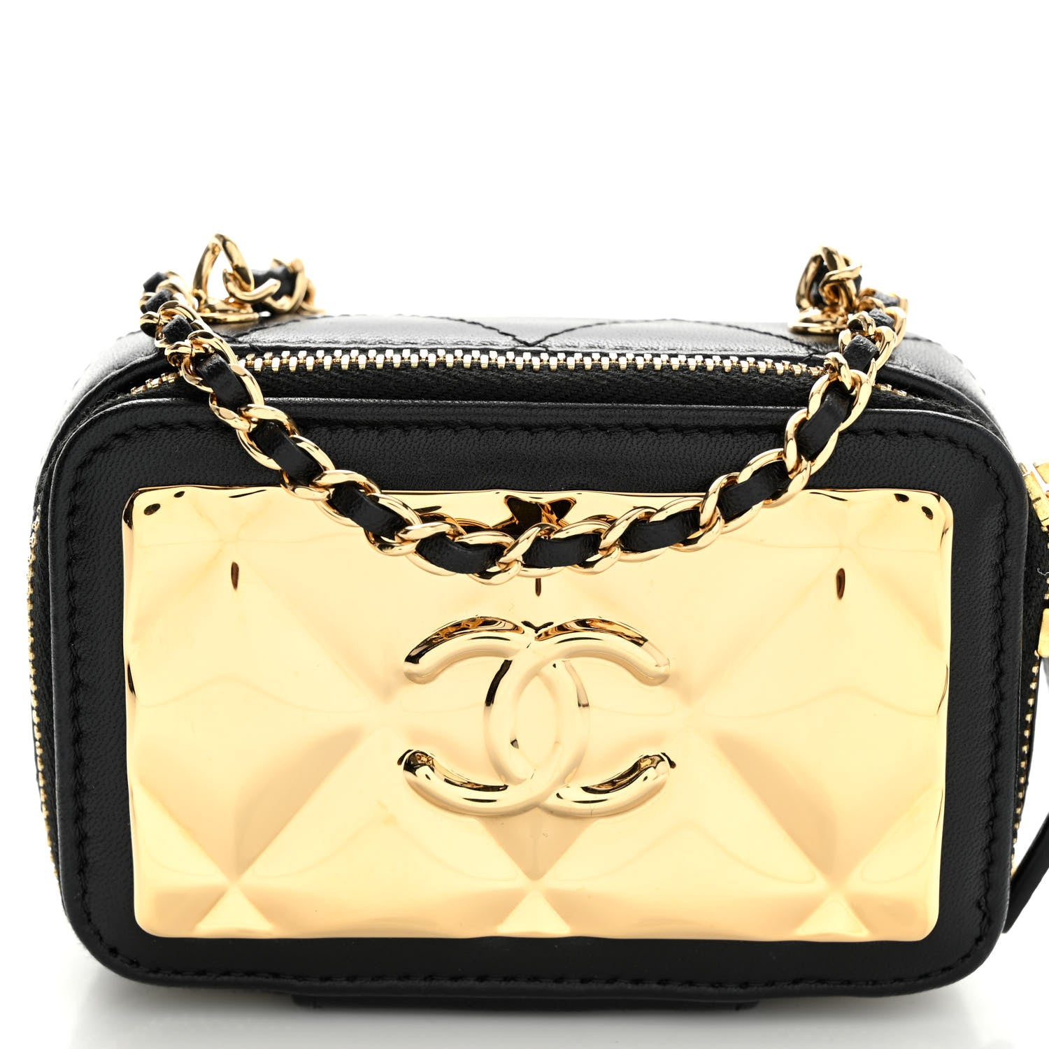 Chanel Lambskin Metal Quilted Extra Mini Vanity Case With Chain Black Gold 7 of 9