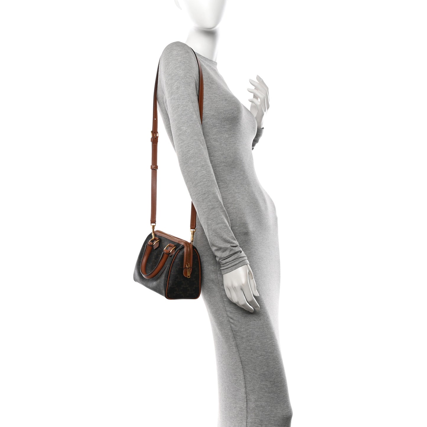 Triomphe Canvas Calfskin Small Boston Bag Tan