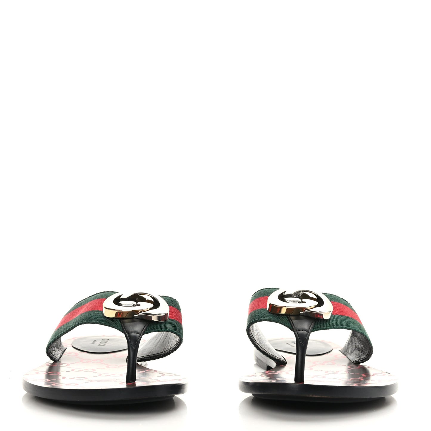 Nylon Calfskin Web GG Monogram Womens Thong Sandals 37.5 Green Red Cocoa