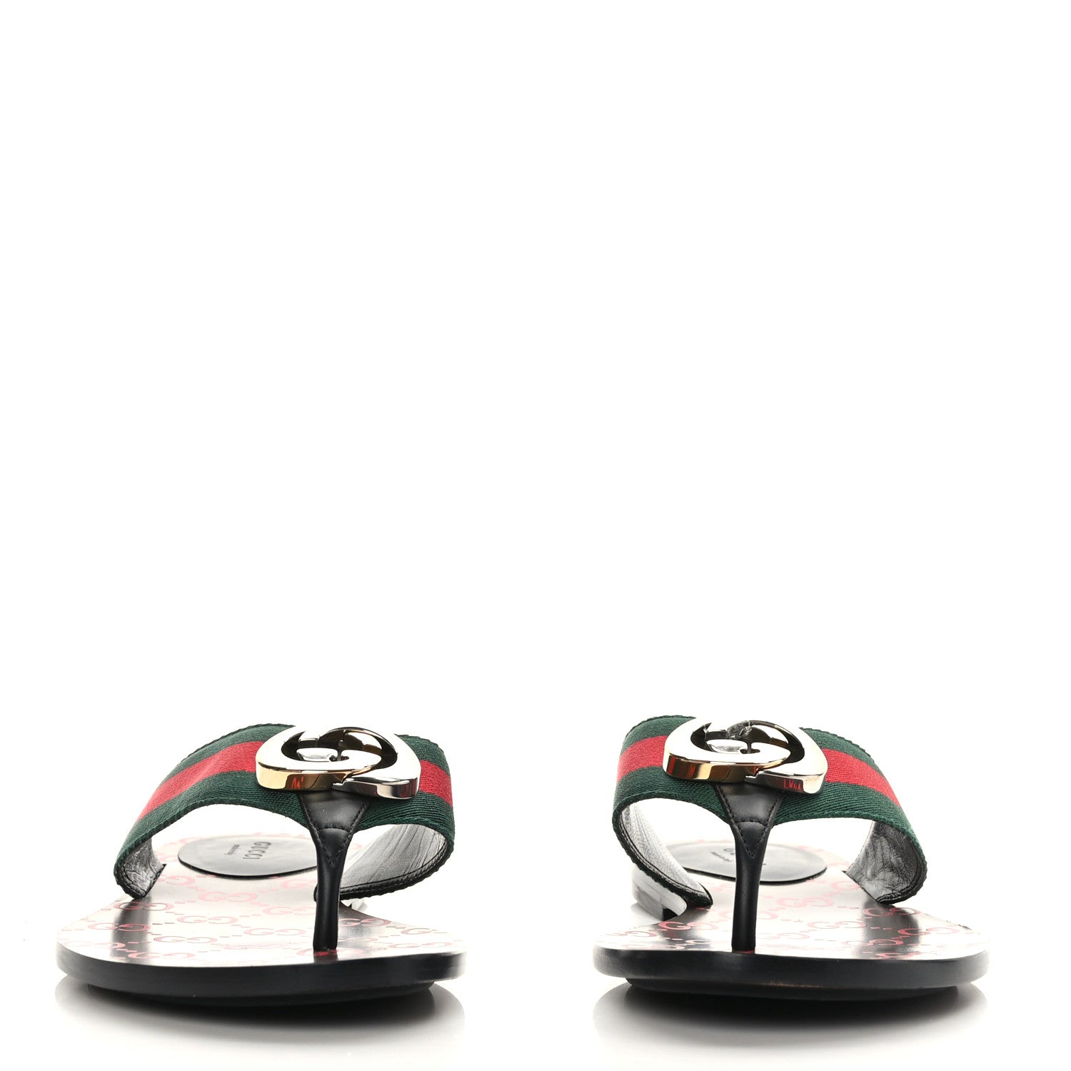 Gucci Nylon Calfskin Web GG Monogram Womens Thong Sandals 37.5 Green Red Cocoa 2 of 7