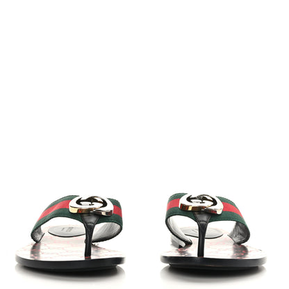 Gucci Nylon Calfskin Web GG Monogram Womens Thong Sandals 37.5 Green Red Cocoa 2 of 7