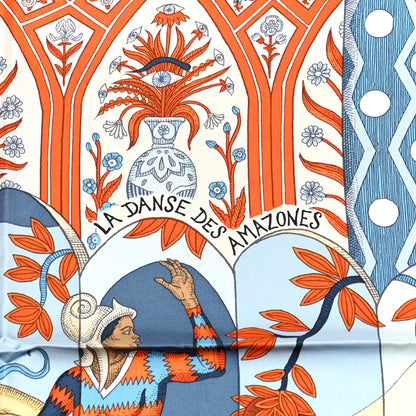 Hermes Silk La Danse Des Amazones Scarf 90 Bleu Jean Orange 2 of 6