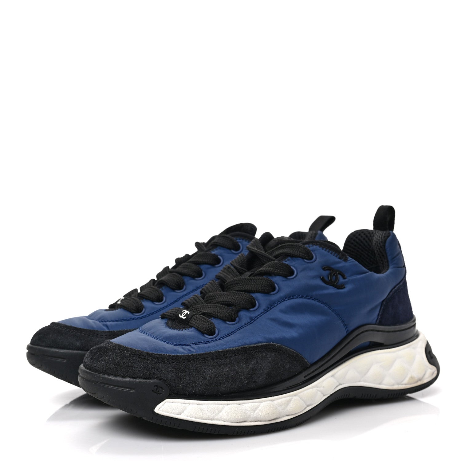 Chanel Nylon Suede Calfskin Womens Logo Sneakers 37.5 Blue Navy Dark Navy 3 of 8
