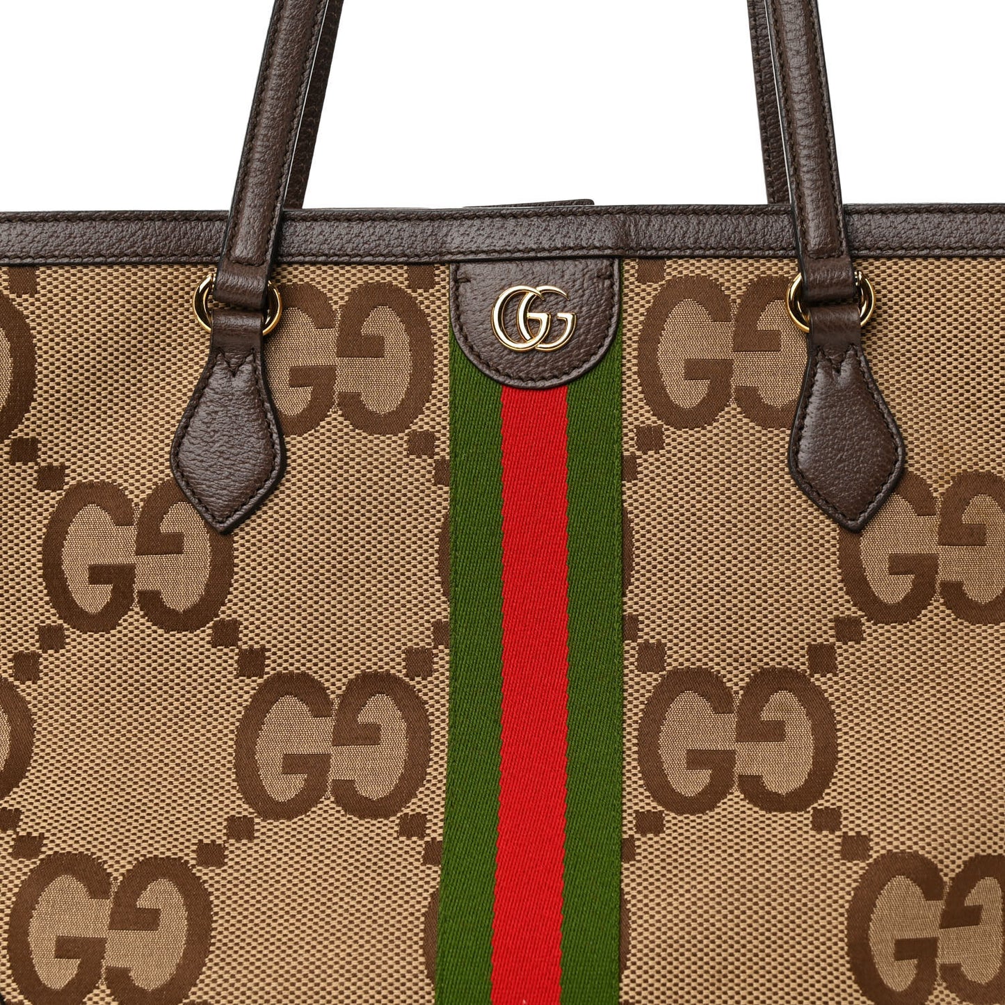 Monogram Jumbo GG Textured Dollar Calfskin Web Medium Ophidia Shopping Tote Camel Ebony