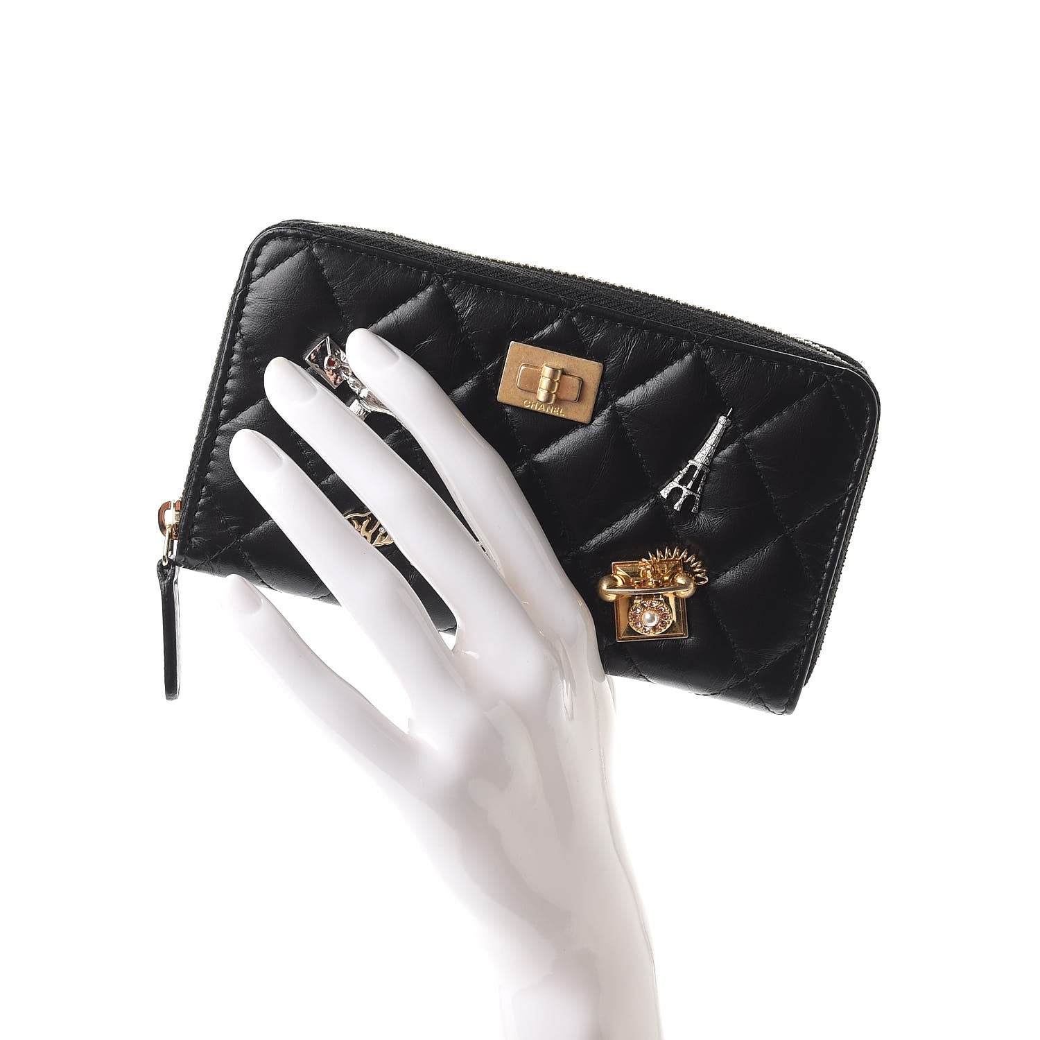 Chanel Aged Calfskin Quilted Small Lucky Charms 2.55 Reissue Zip Around Wallet Black 2 of 8