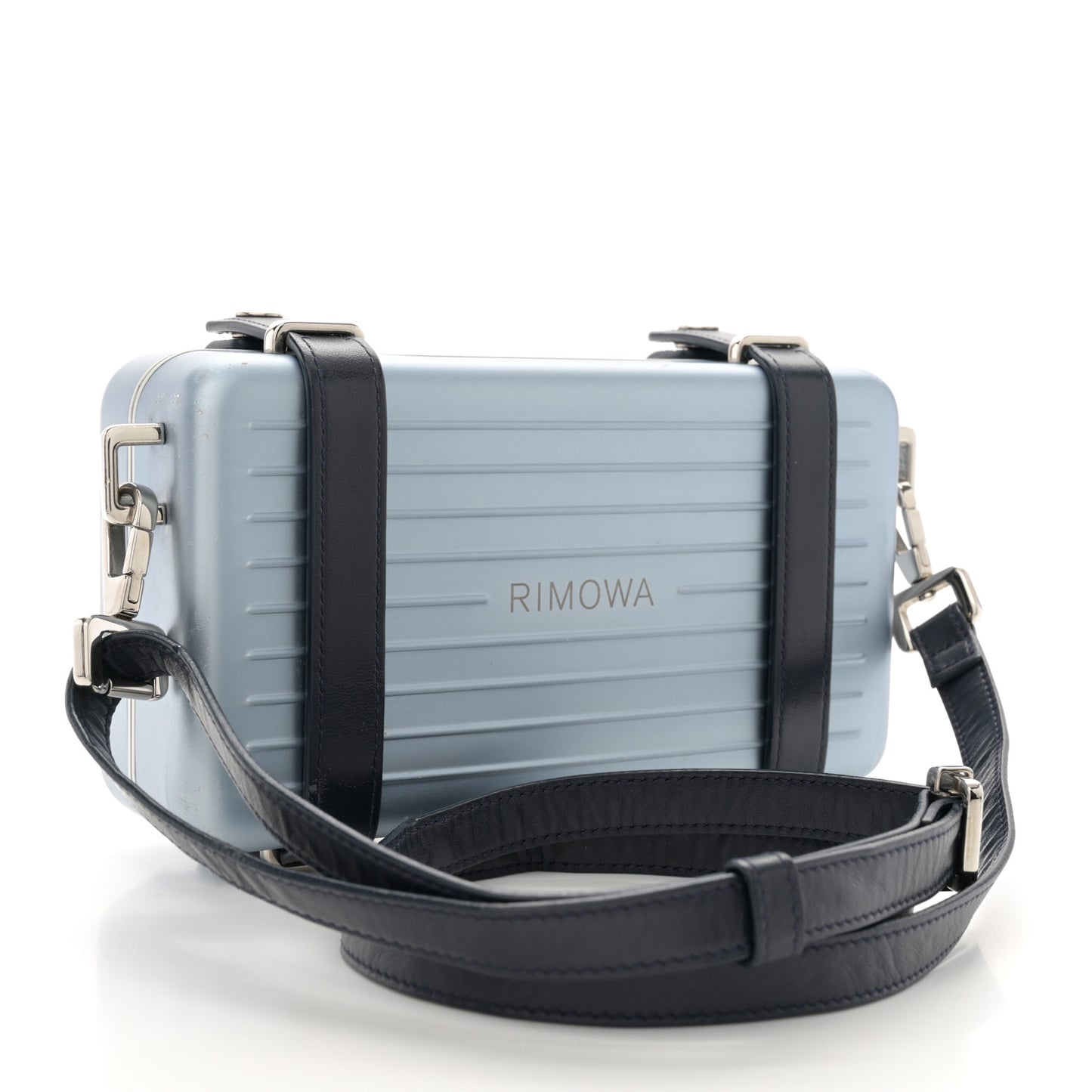 X RIMOWA Aluminum Personal Clutch On Strap Bleu
