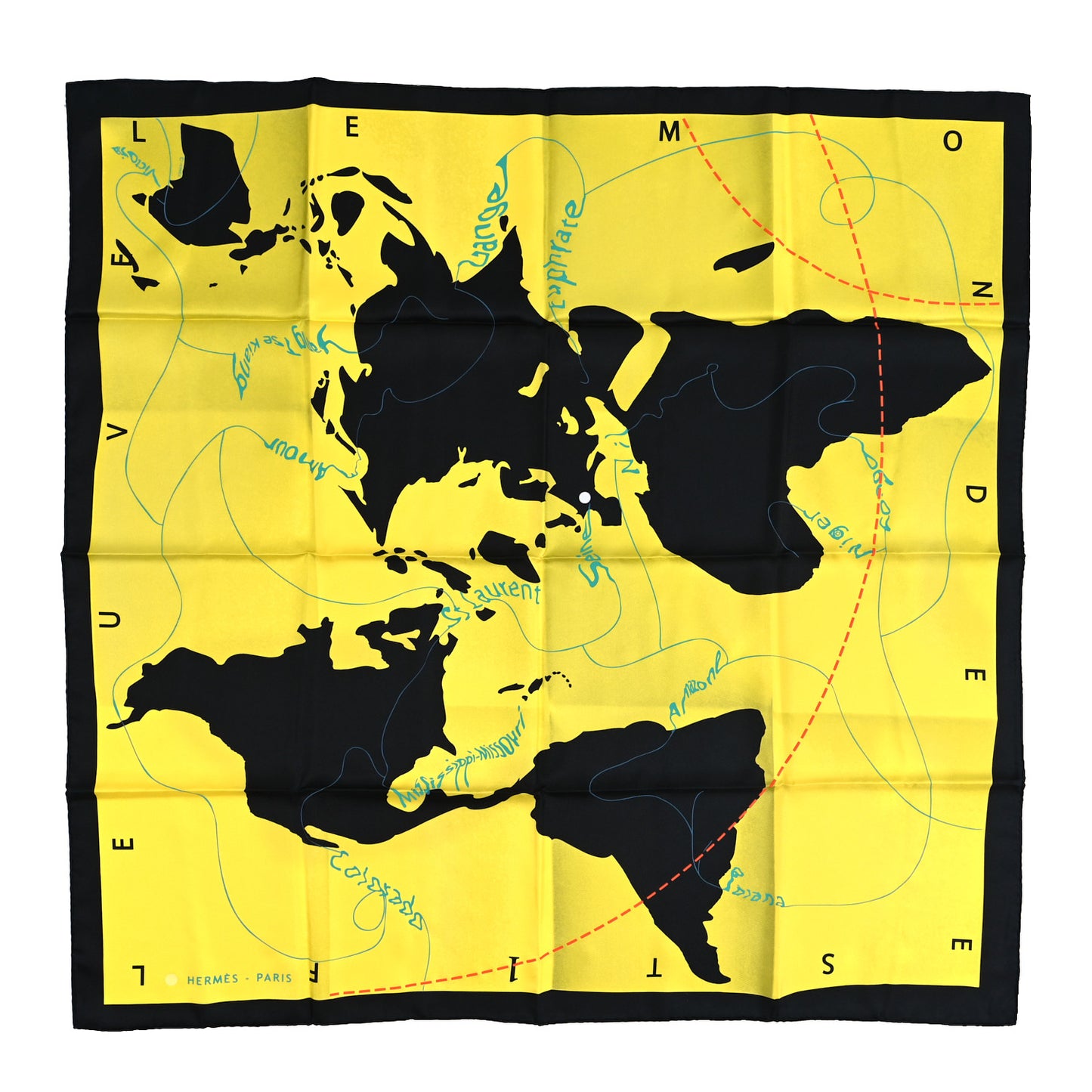 Silk Le Monde Est Une Fleuve Scarf 90 Black Citron Turquoise