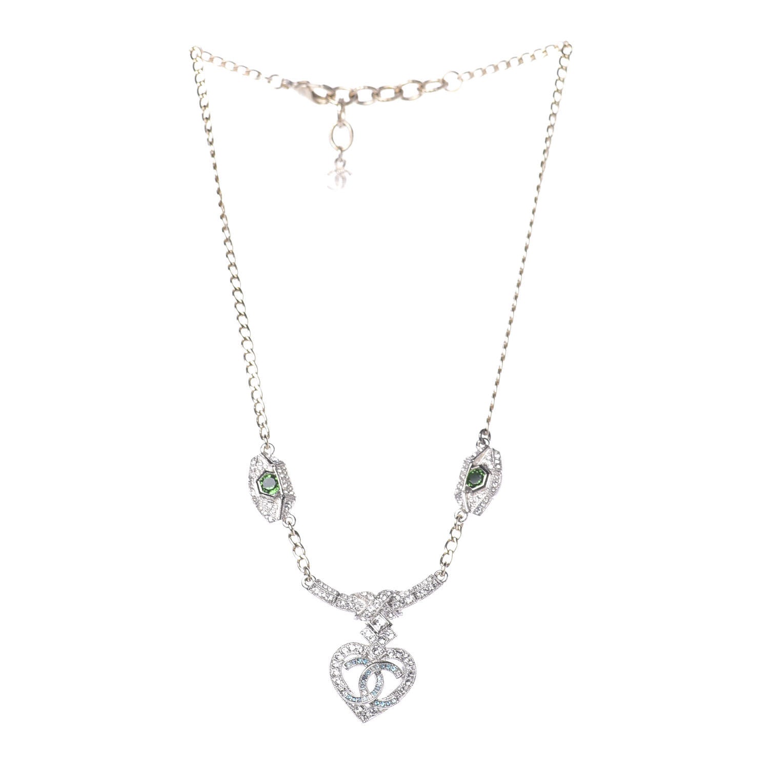 Chanel Crystal Heart Eye CC Pendant Necklace Gold Silver 3 of 8
