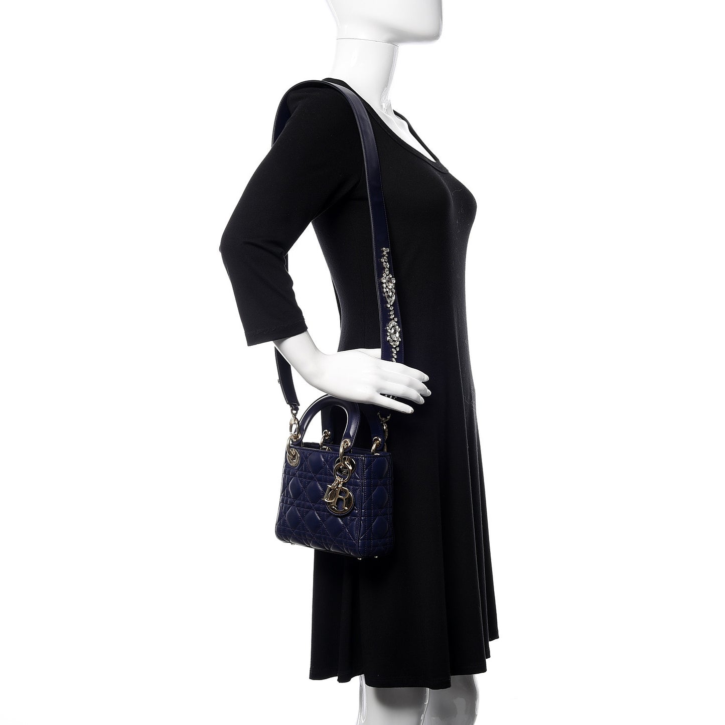 Lambskin Cannage Crystal Mini Lady Dior Navy Blue