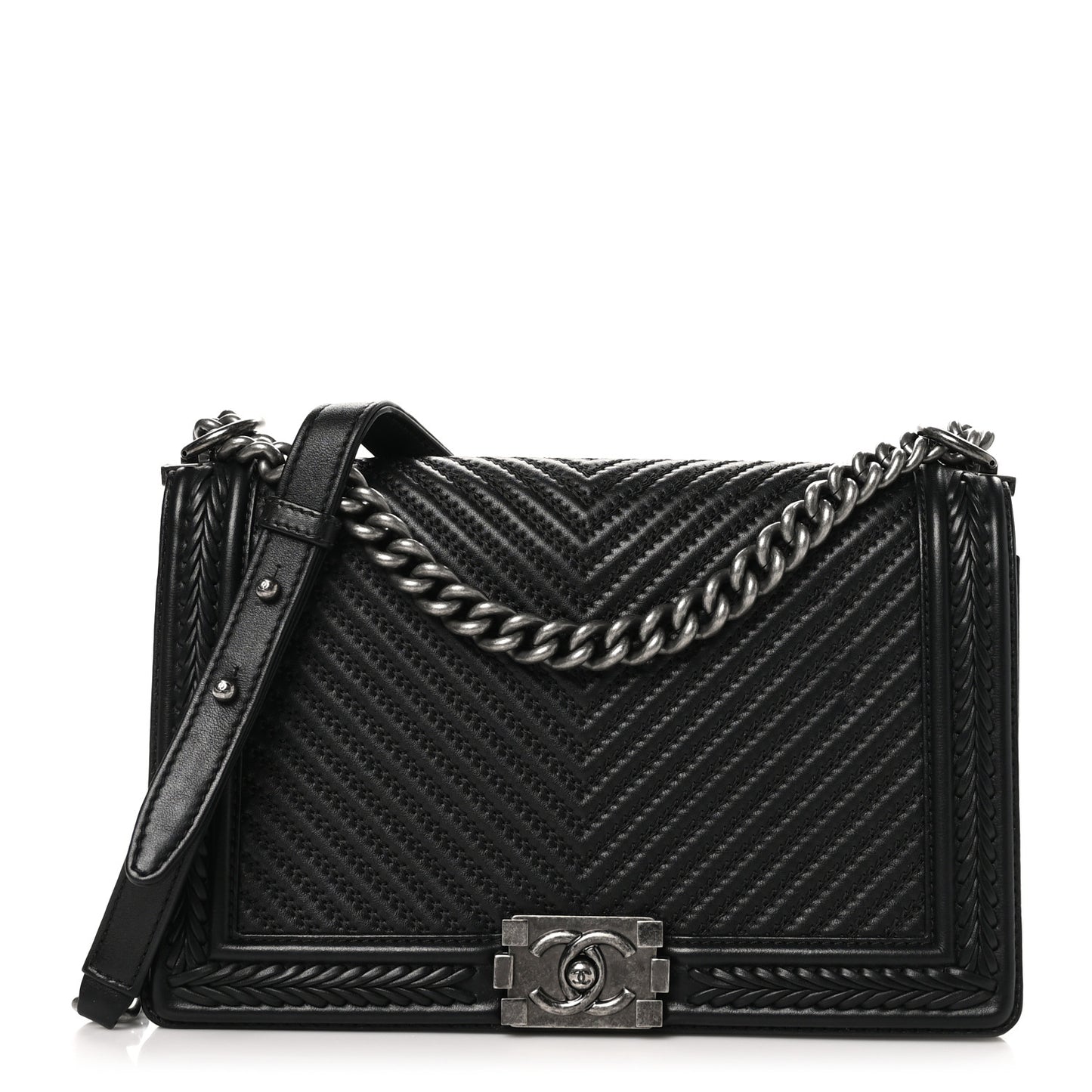 Calfskin Chevron Quilted New Medium Braided Boy Flap Black