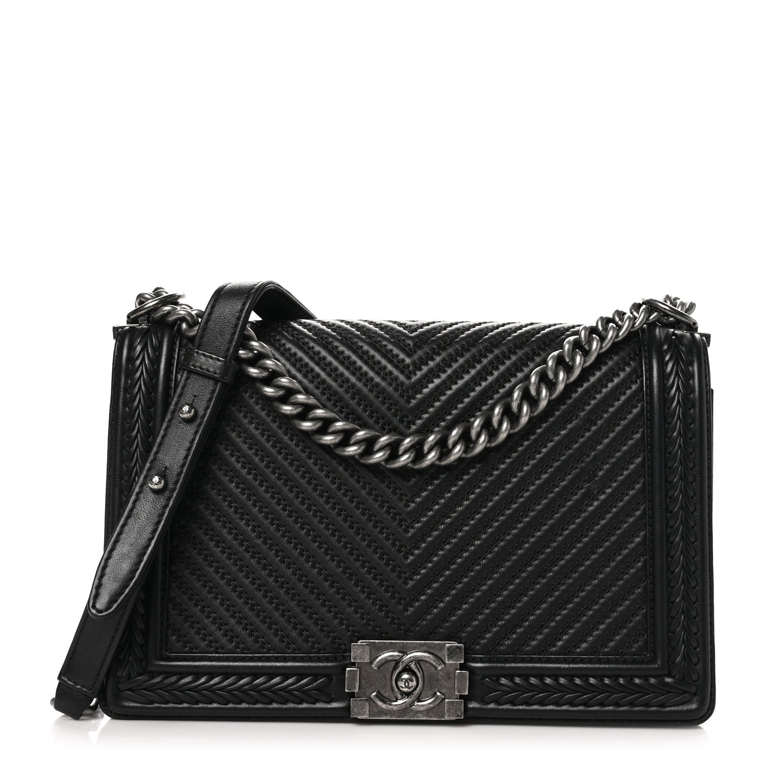 Chanel Calfskin Chevron Quilted New Medium Braided Boy Flap Black 1 of 11
