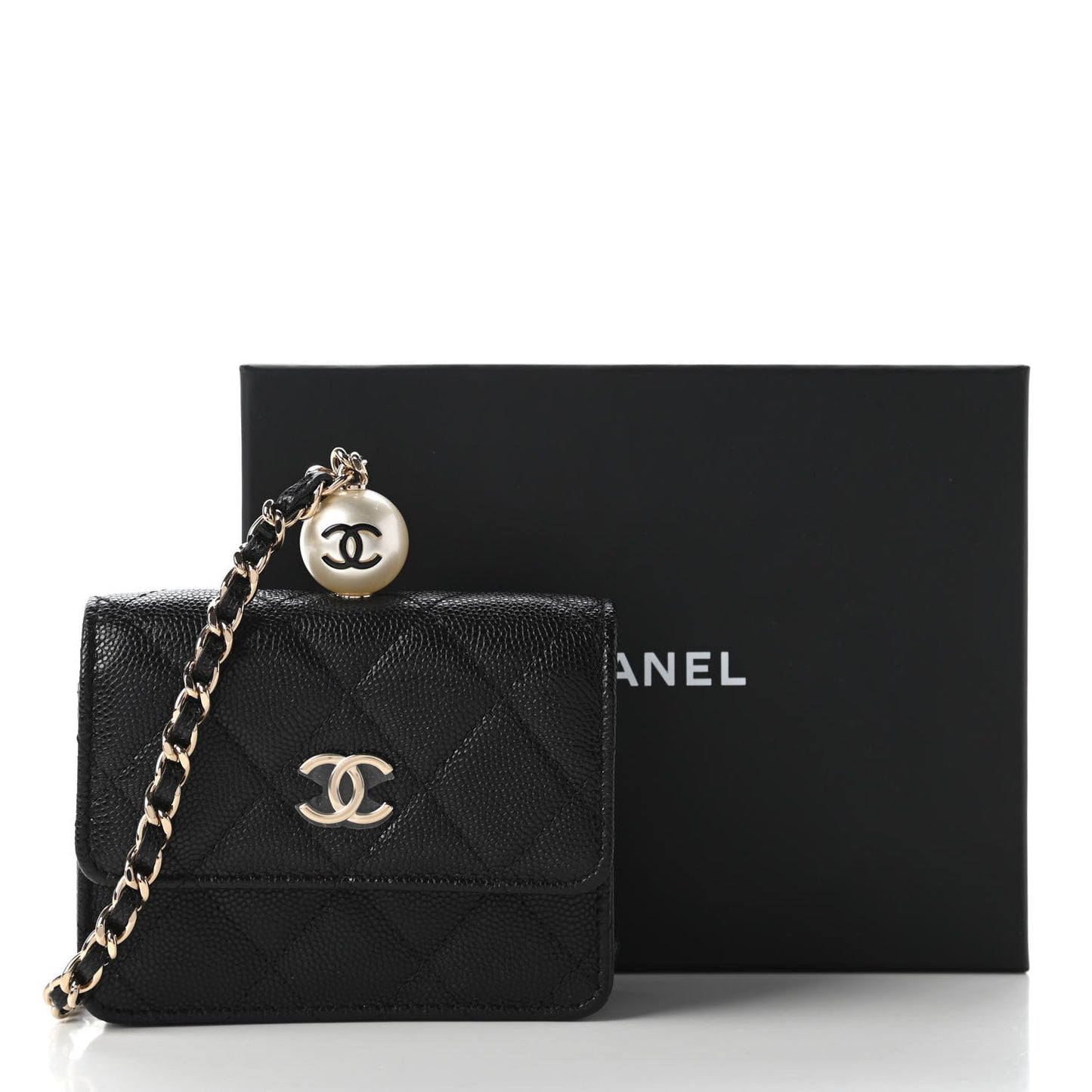 Caviar Quilted Mini Pearl On Top Coin Purse With Chain Black
