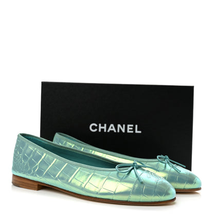 Chanel Iridescent Calfskin Crocodile Embossed Ballerina Flats 39.5 Green 10 of 10
