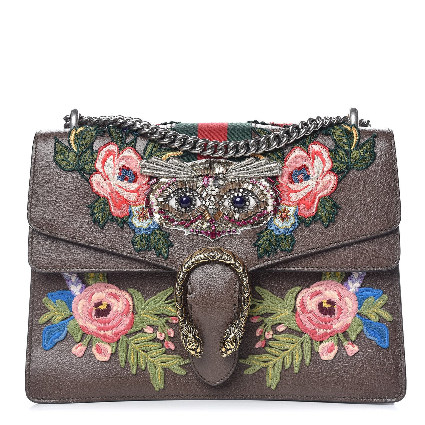 Calfskin Web Owl Embroidered Medium Dionysus Shoulder Bag New Acero Multicolor