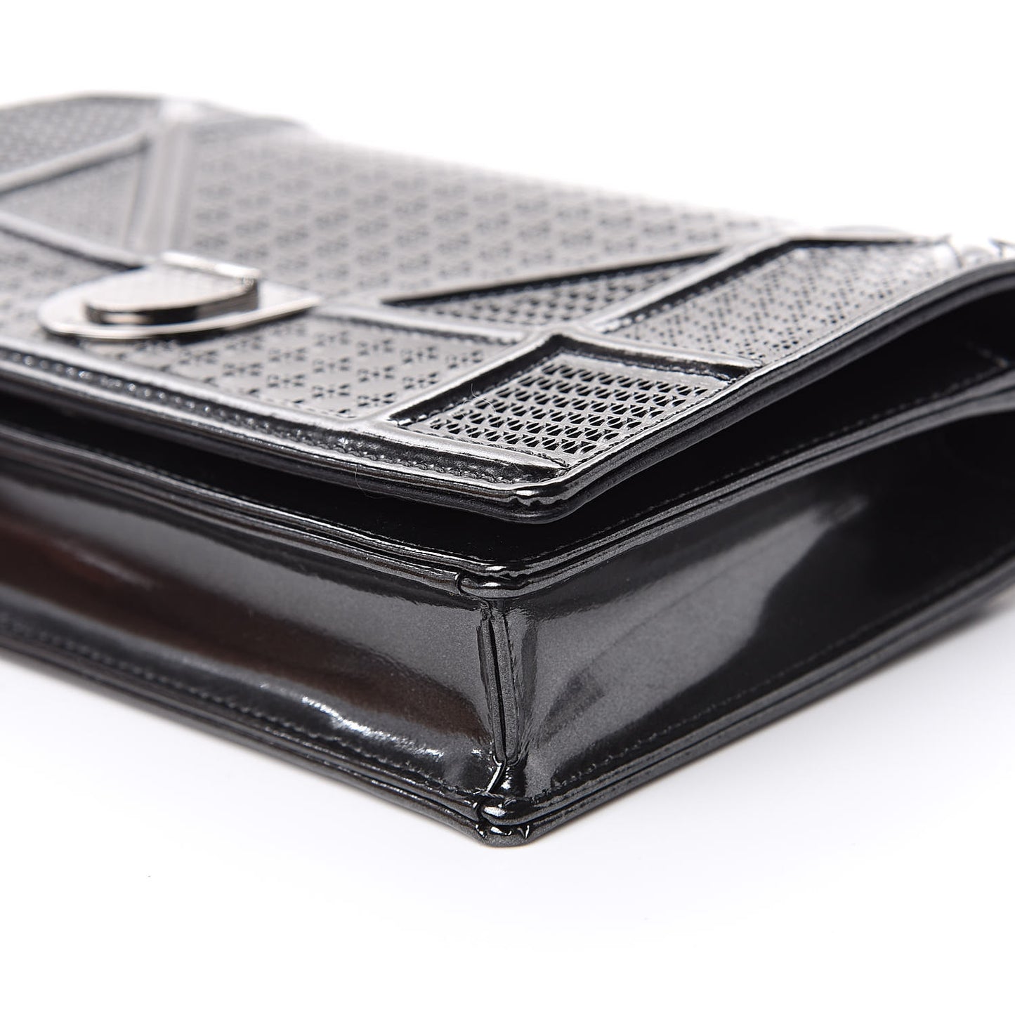 Metallic Patent Micro-Cannage Diorama Wallet on Chain Pouch Onyx Black