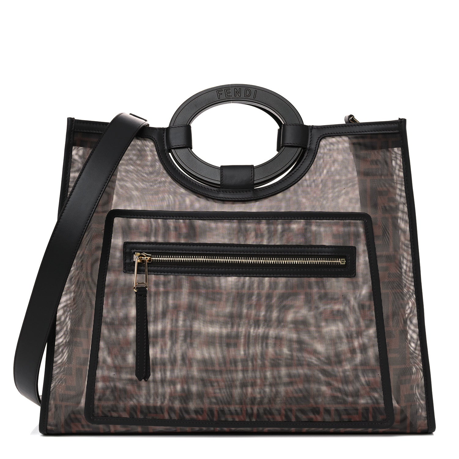 Fendi Mesh Vitello Century Cuoio FF 1974 Medium Runaway Shopper Tote Marrone Black Ebano 1 of 13