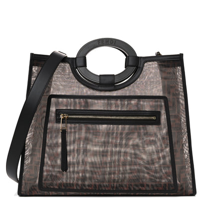 Fendi Mesh Vitello Century Cuoio FF 1974 Medium Runaway Shopper Tote Marrone Black Ebano 1 of 13