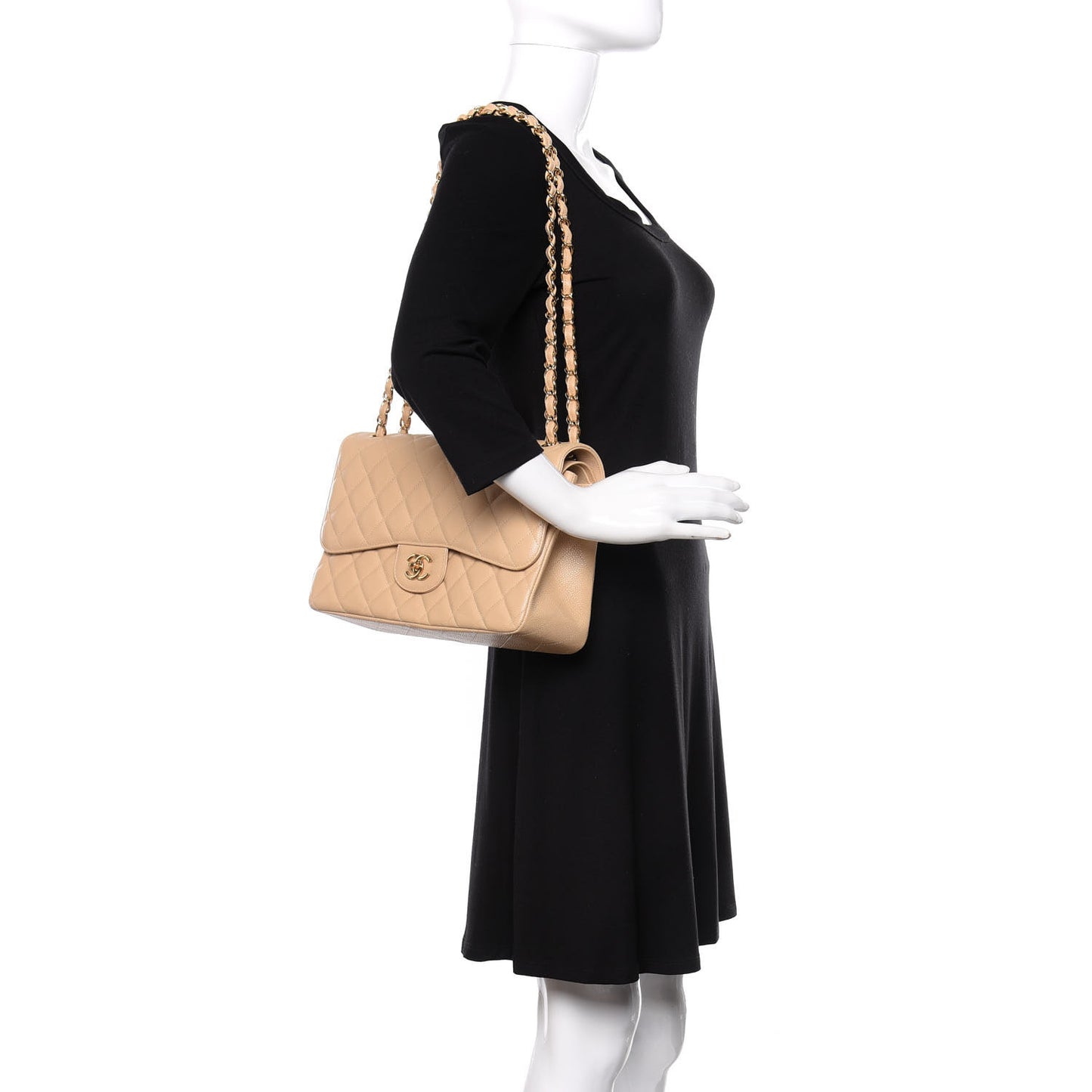Caviar Quilted Jumbo Double Flap Light Beige
