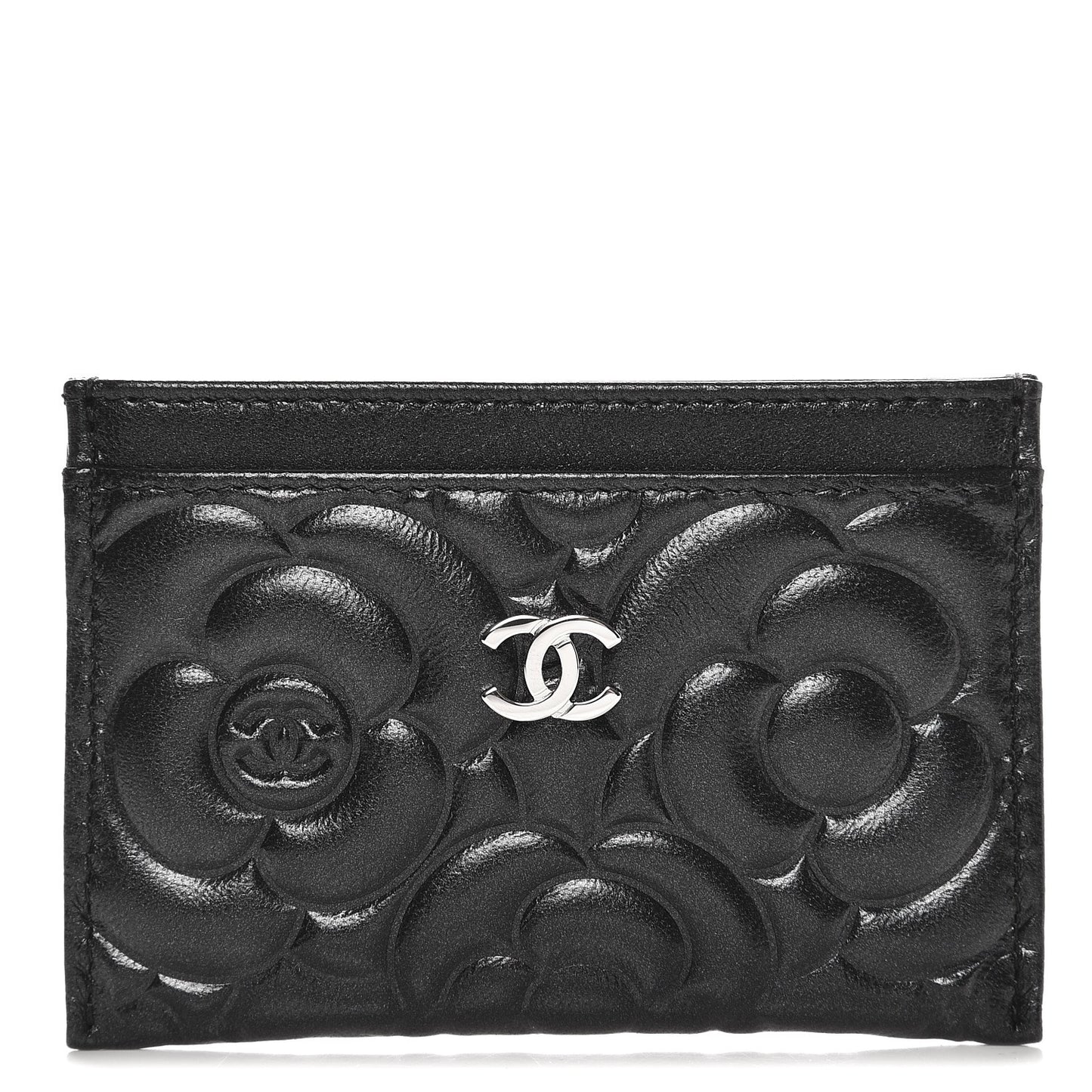 Lambskin Camellia Embossed Card Holder Black