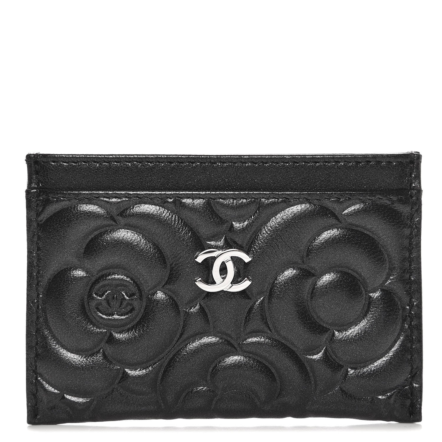 Chanel Lambskin Camellia Embossed Card Holder Black 1 of 9