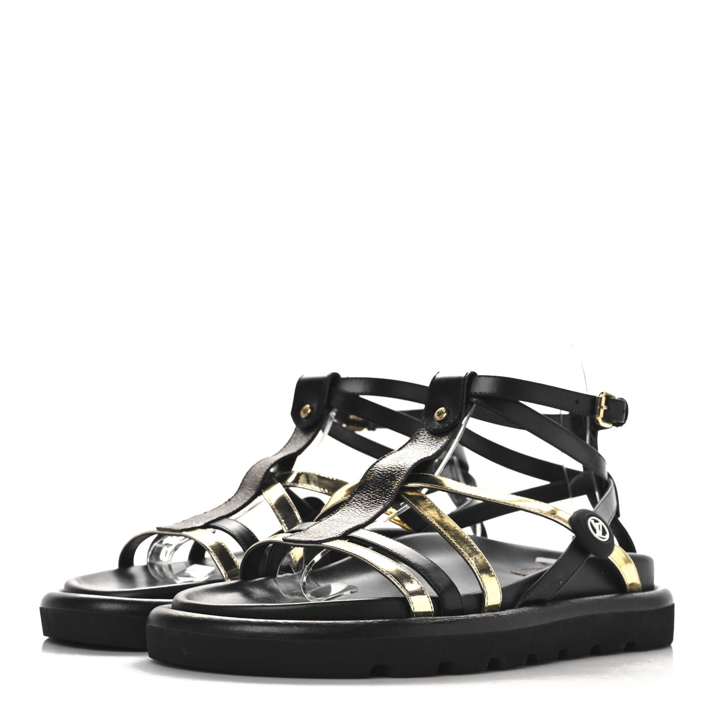 Patent Calfskin Monogram Pool Pillow Comfort Sandals 39 Gold Black Brown