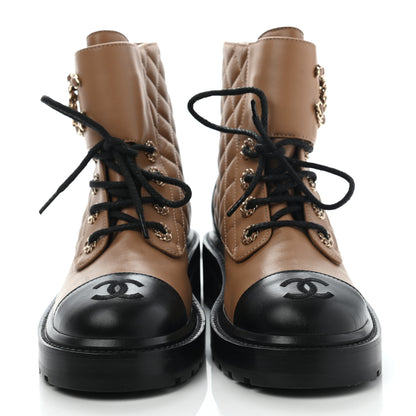 Chanel Lambskin Calfskin Quilted Lace Up Combat Boots 36 Beige Black 2 of 10