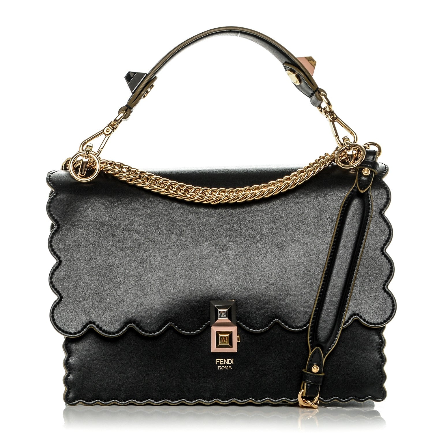 Fendi Vitello Liberty Scalloped Studded Kan I Shoulder Bag Black 1 of 7