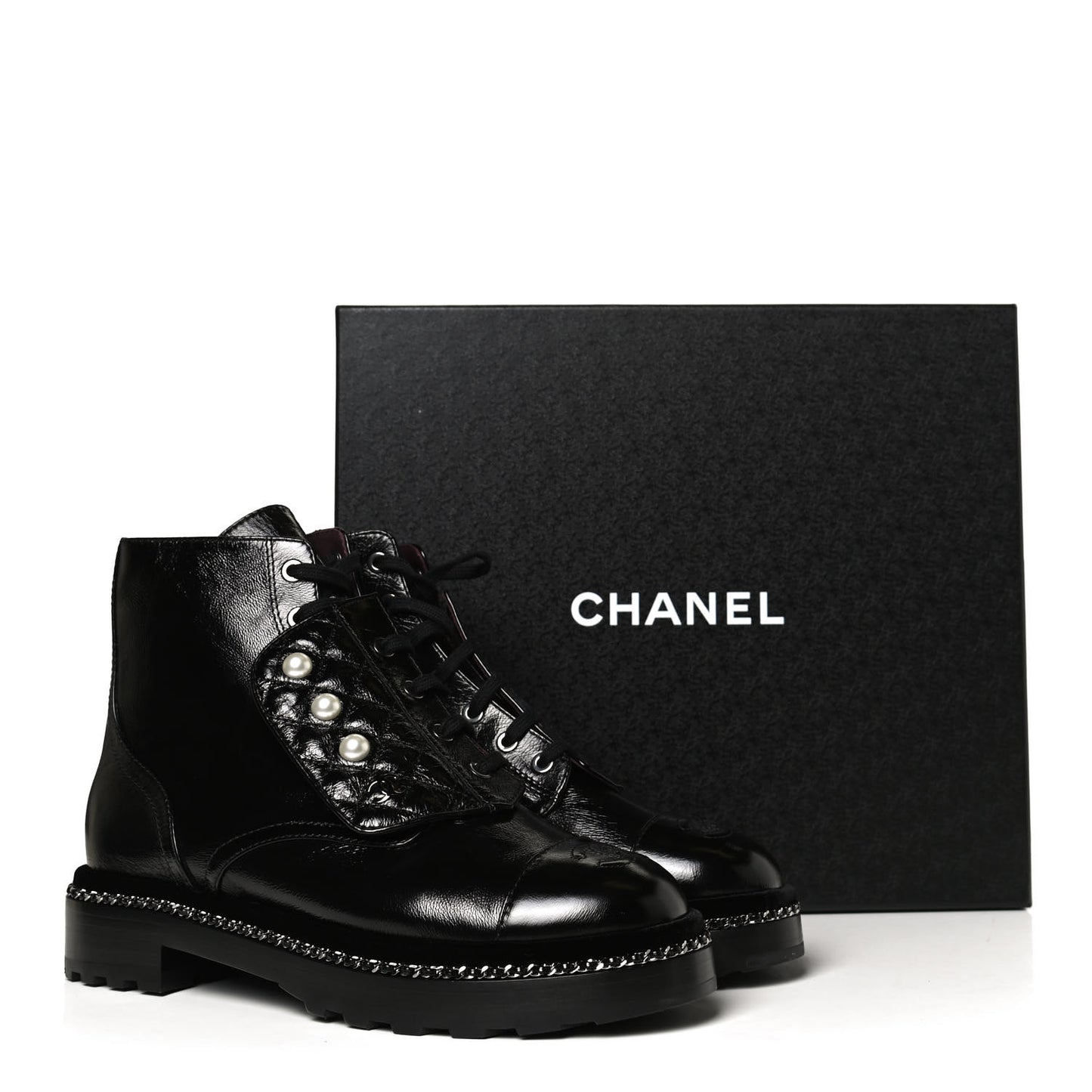 Crackled Calfskin Velvet Pearl Combat Short Boots 39.5 Black
