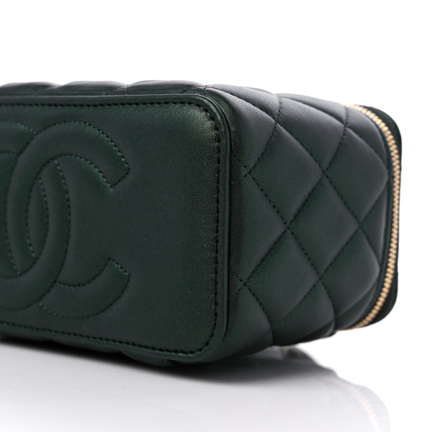 Iridescent Lambskin Quilted Small Top Handle Vanity Case With Chain Dark Green