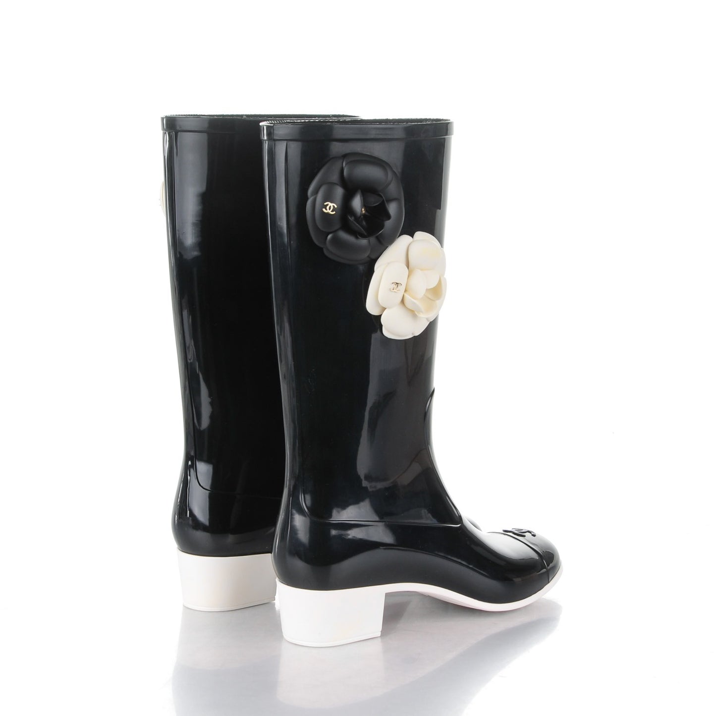 Rubber Glitter Camellia Rain Boots 36 Black