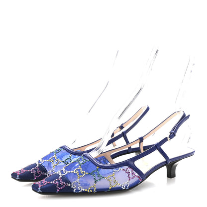 Gucci Tela Retino Nappa Charlotte Crystal GG Monogram Square G 35mm Slingback Pumps 38.5 Splash Net Blue Witch 4 of 9
