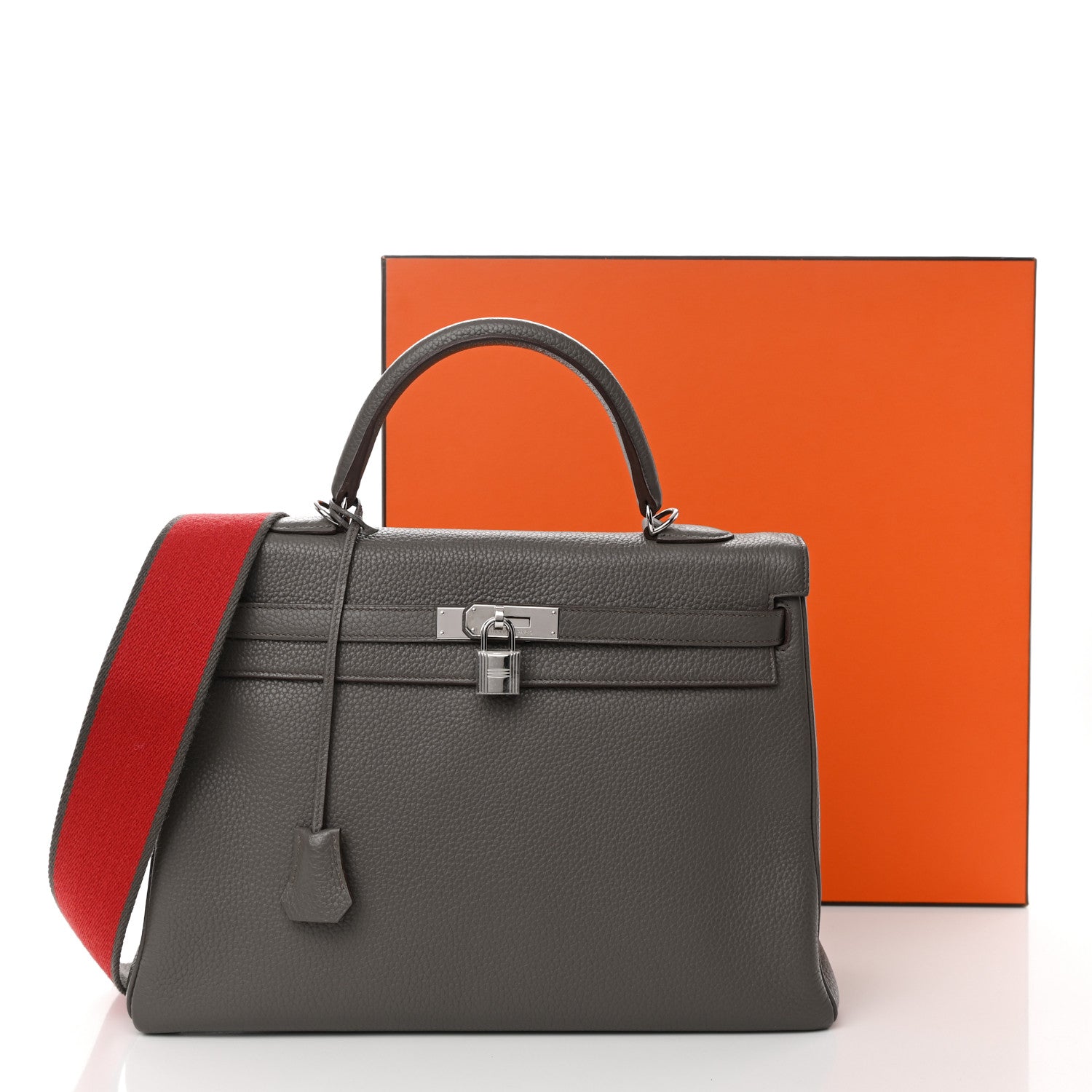 Hermes Taurillon Clemence Kelly Retourne 35 Etain Rouge Casaque 14 of 14