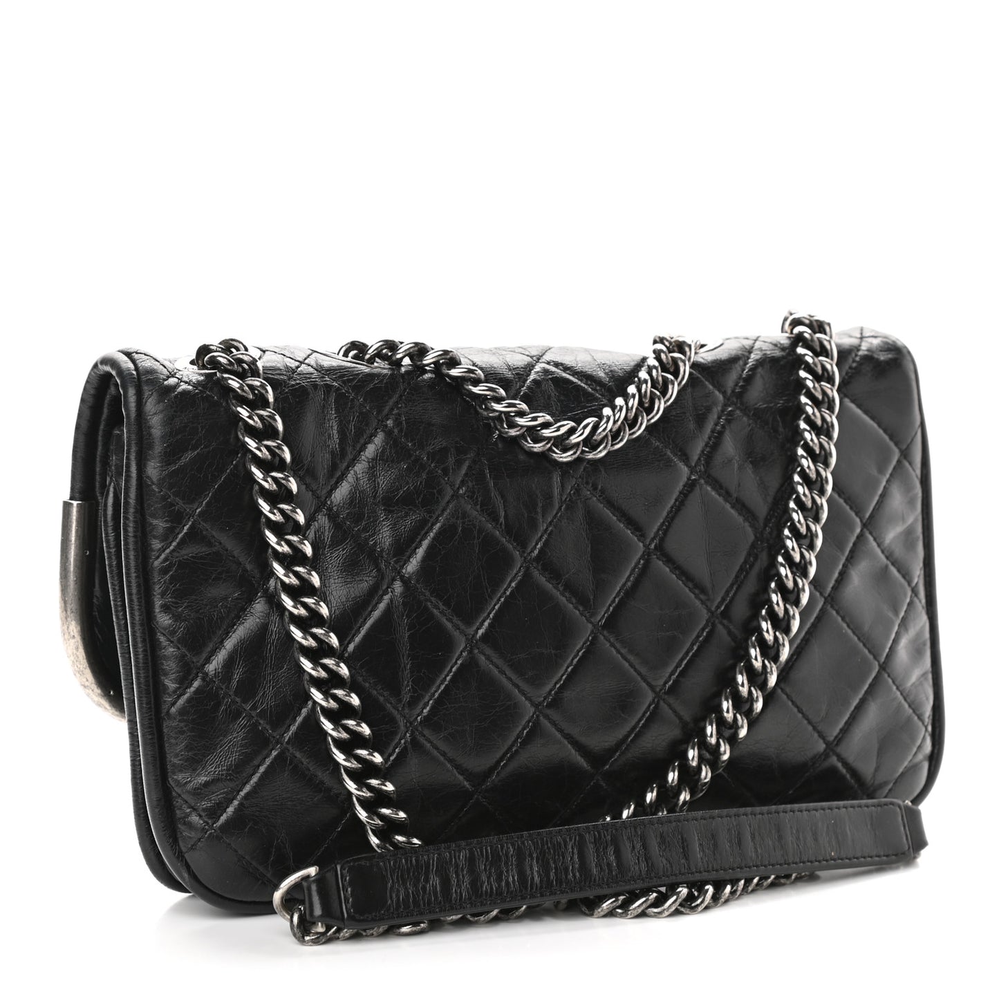 Glazed Calfskin Quilted Flap Black