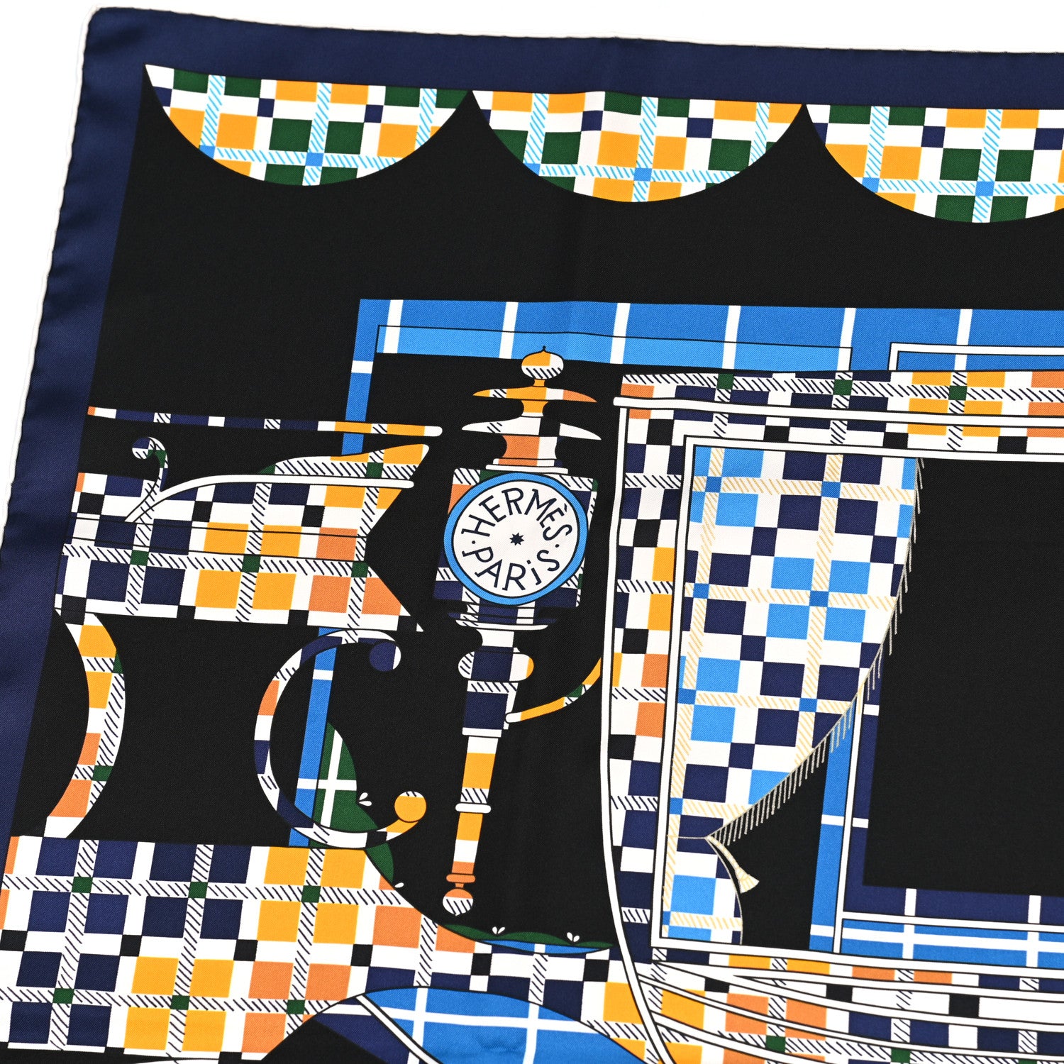 Hermes Silk Balade Ecossaise Scarf 90 Black Bleu Jaune D'or 2 of 5