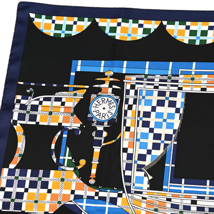 Hermes Silk Balade Ecossaise Scarf 90 Black Bleu Jaune D'or 2 of 5