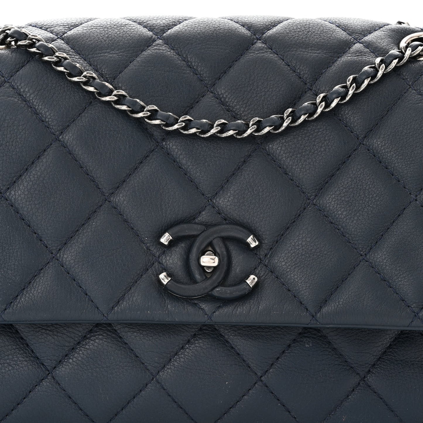 Calfskin Quilted Medium Frame In Chain Flap Navy