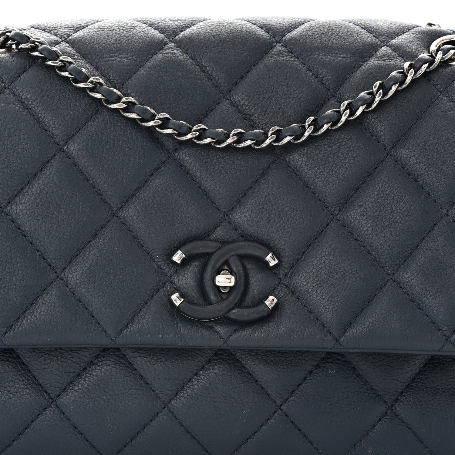 Chanel Calfskin Quilted Medium Frame In Chain Flap Navy 8 of 13