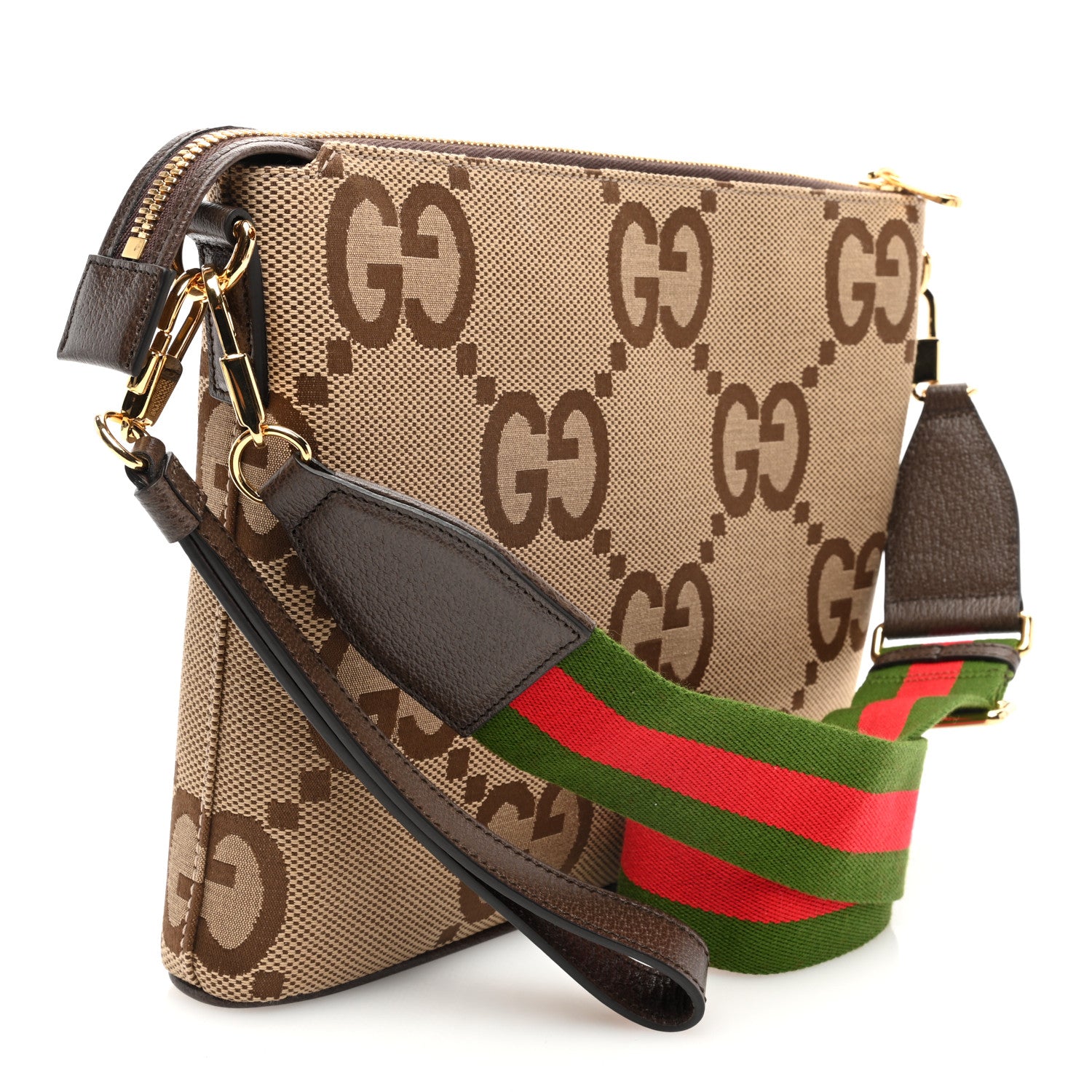 Gucci Monogram Jumbo GG Textured Dollar Calfskin Web Wristlet Messenger Bag Camel Ebony New Acero 3 of 9